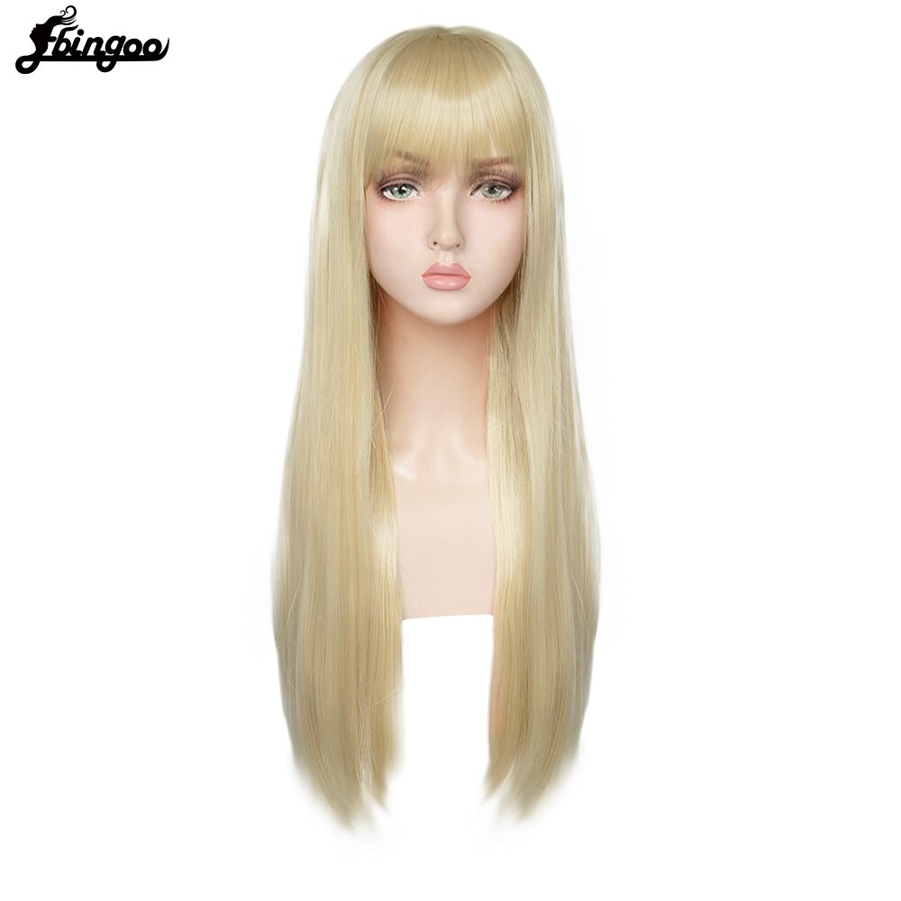 Ebingoo】-gorro de pelo + fibra blanca de alta temperatura, peluca larga de pelo sintético con flequillo para mujer, color blanco, gris, marrón y rosa: DM1707546