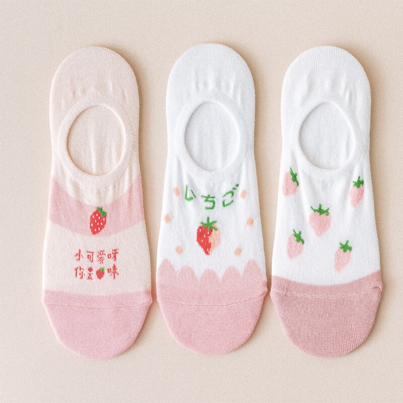 3 Pairs Lot Women Cotton Invisible Socks Cute Fruits Printed Harajuku Cartoon Casual Socks Strawberry Cherry Lemon Soft Sock: 5