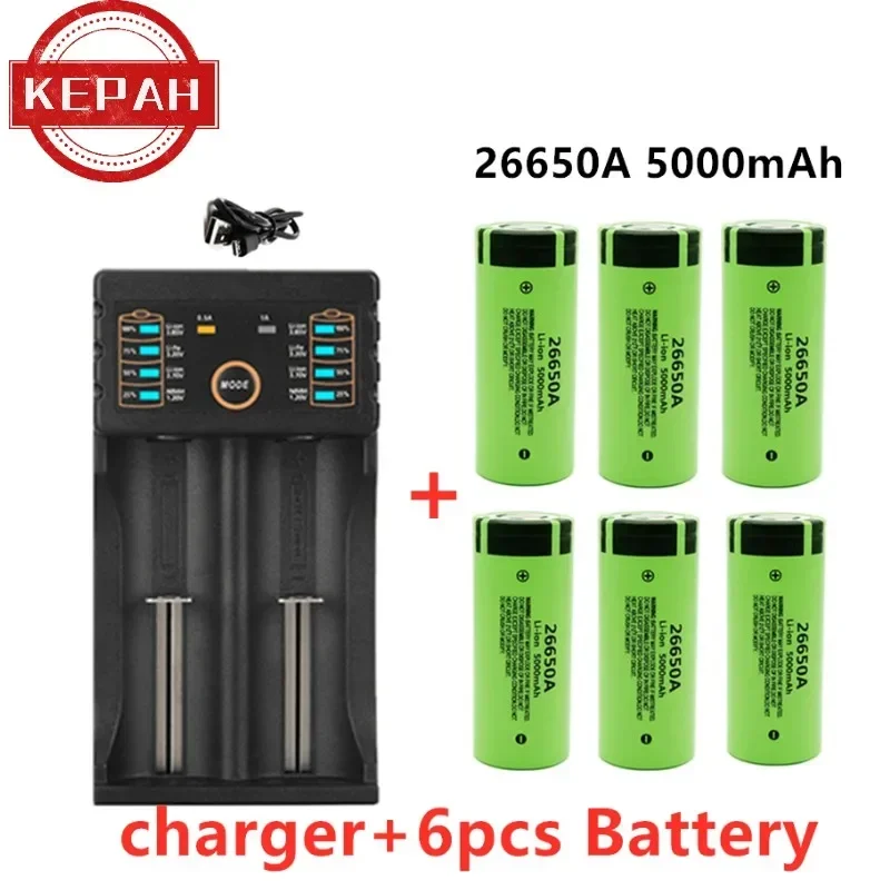 Oryginalny wysokiej jakości akumulator 26650 5000 mAh 3,7 V 50A akumulator litowo-jonowy do latarki LED 26650A + ładowarka: Niebieski