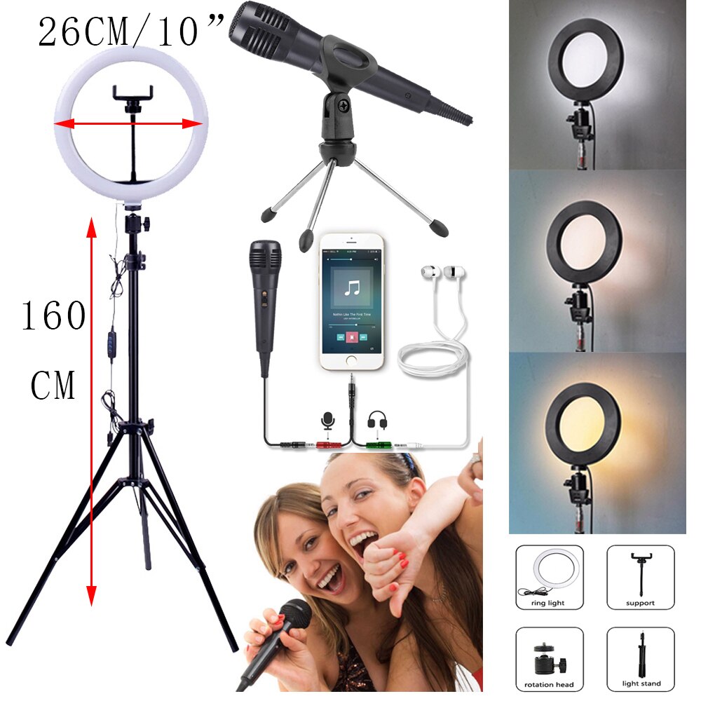 Mikrofon 26CM Fotografie Beleuchtung Ringlight Stativ Foto Led Selfie Bluetooth remote Ring Licht Telefon Lampe Live: Rot