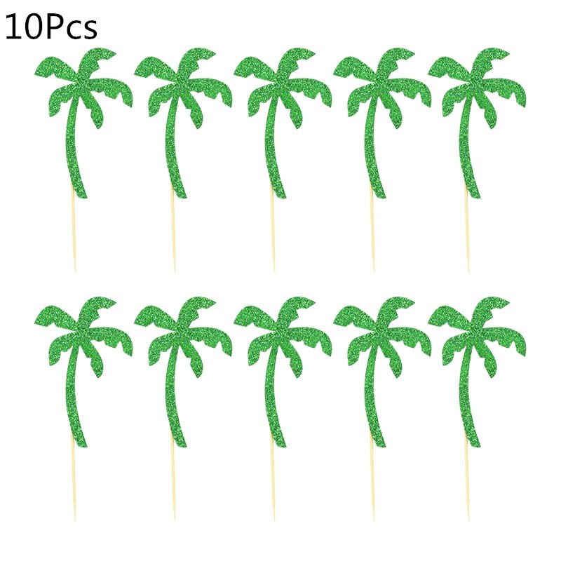 10/12Pcs Tropical Hawaii Party Green Leaf Cake Topper Flower Flamingo Cupcake Topper For Summer Jungle Birthday Party Cake Decor: B01-10Pcs