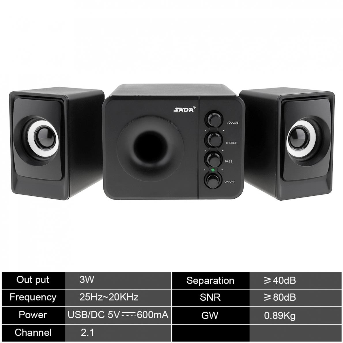 Altavoz de ordenador con Subwoofer USB 2,0 de SADA D-205 con enchufe de Audio de 3,5mm y enchufe de alimentación USB para ordenador de sobremesa ordenador portátil MP3 teléfono móvil MP4