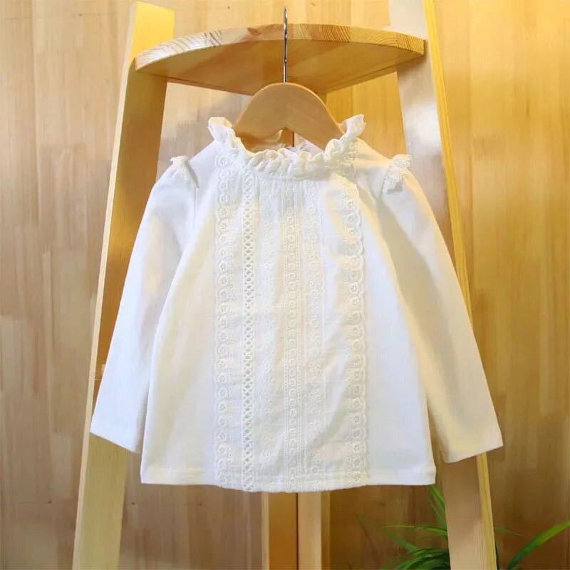 Pige bluse forår baby pige skjorte børnetøj langærmet bomuld hvid blonder piger skjorte blusas børnetøj  dq955: 3t