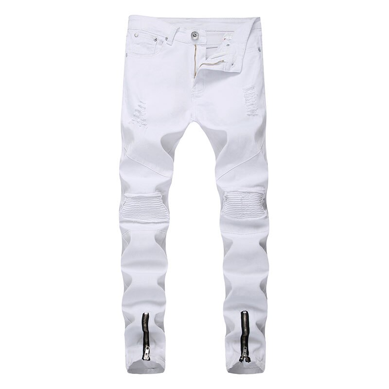 Pantalones vaqueros rasgados para hombre, Jeans rasgados con agujeros rotos, petos pequeños, ajustados, de , con cremallera, color blanco: 32