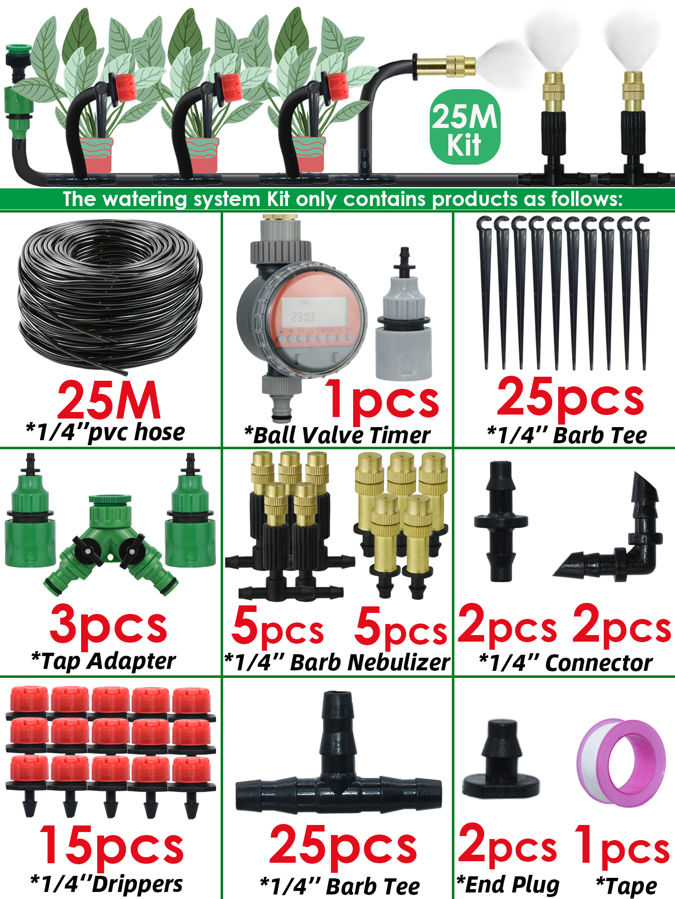Sprycle 5M-50M Automatic Watering System Kit Garden Micro Drip Irrigation Controller DIY Cooling Mist Spray for Vegetable Flower: Light Grey