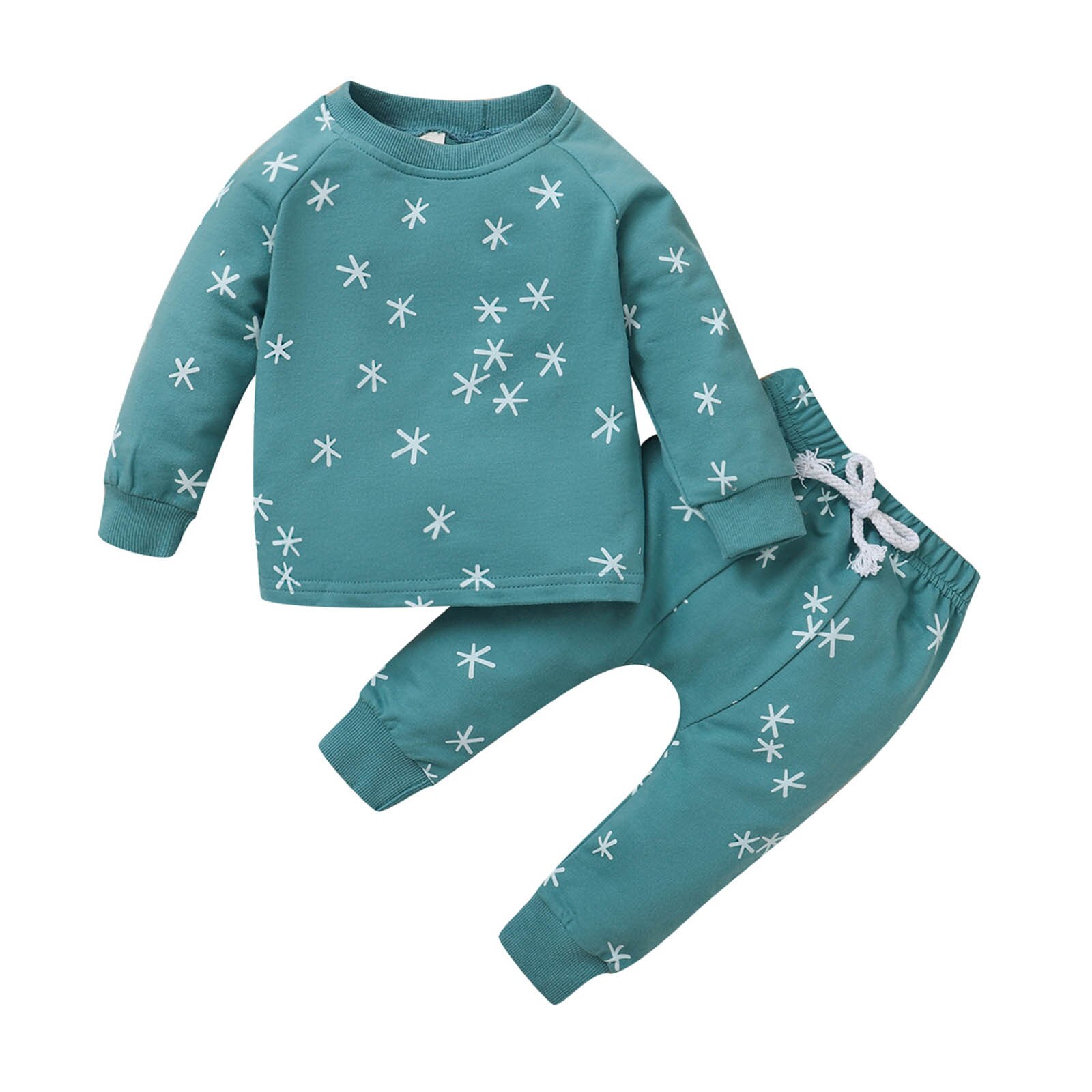 Toddler Infant Kids Baby Boys Girls Nightwear Long Sleeve O-Neck Star Printed Pullover Tops+Pants Home Outfits Set#p4: Green / 18M