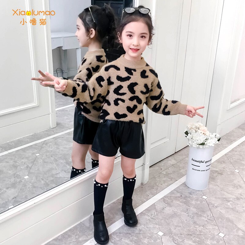 Warme trui voor meisjes luipaardprint trui voor kinderen 5-10t gebreide herfstkleding voor meisjes tieners lange mouwen trui