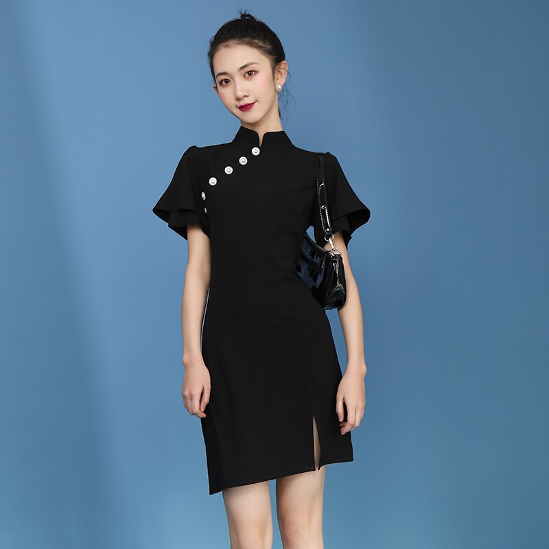 Chinese Traditional Slim Mini Cheongsam Short Sleeve Black Cheongsam Girls Students Oriental Qipao Dresses for Party