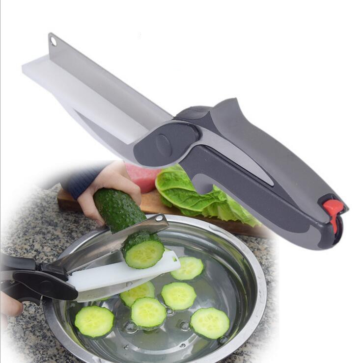 Cortador inteligente 2 en 1, cuchillo de cocina, cortador de alimentos, tijeras de cocina, cortador inteligente de verduras, tabla de cortar, cortador de cuchilla