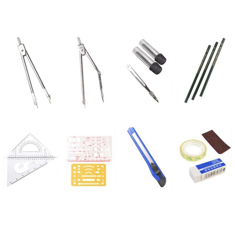 Juego de herramientas de dibujo, brújula, regla, borrador de lápiz, matemáticas, oferta escolar para estudiantes
