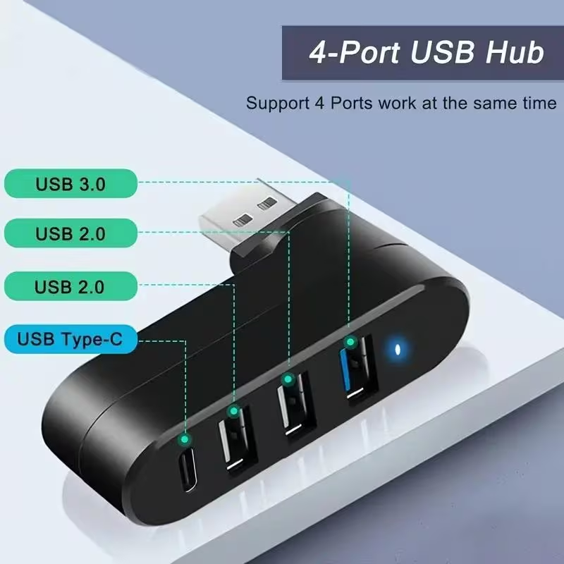 4-poorts USB 3.0-hub [90 ° , 180 ° Draaibare USB-splitter, 3 USB-poorten en 1 USB-C voedings-/gegevenspoort, USB-verlenger voor laptops, auto's