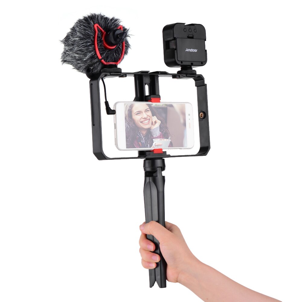 Andoer Smartphone Video Kooi Kit Inclusief Mini Led Vullen Lichten + Mini Microfoon Met Shock Mount Wind Screen Voor Telefoon video