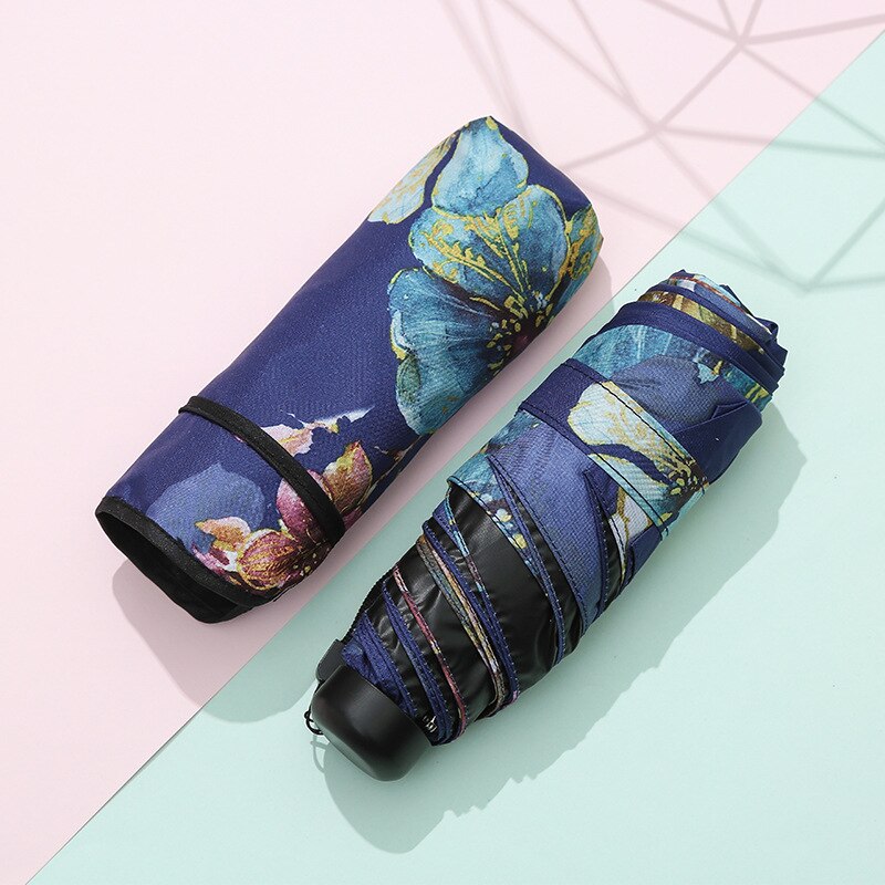 Sombrilla plegable ultraligera con Floral para mujer, paraguas plegable con cinco pliegues, protección solar, UV: Navy