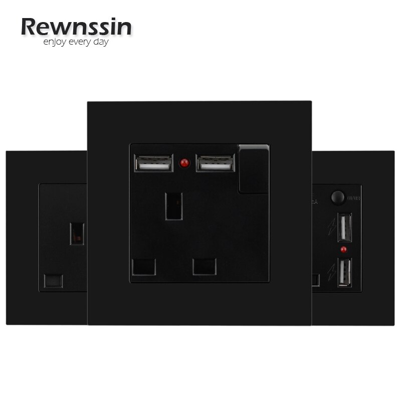 With Small Switch UK Standard Dual USB Outlet Port 5V 2.1A Wall Charger Adapter LED Indicator 13A Socket Black Plastic Panel