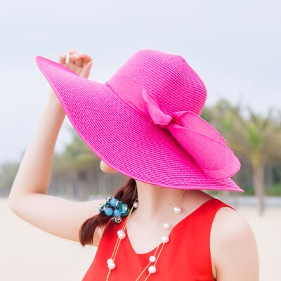 Women Ladies Summer Hats Straw Hats Bow Beach Foldable Sun Hats: Soild Rose