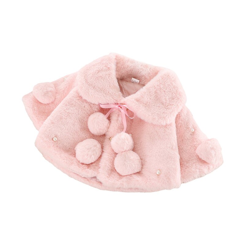 Warm Winter Jassen Kids Baby Effen Kleur Brede Revers Lange Mouwen Bontjas Met Pompoms Parel Leuke Uitloper Kleding Meisje 0-4 Jaar: Roze / 24M