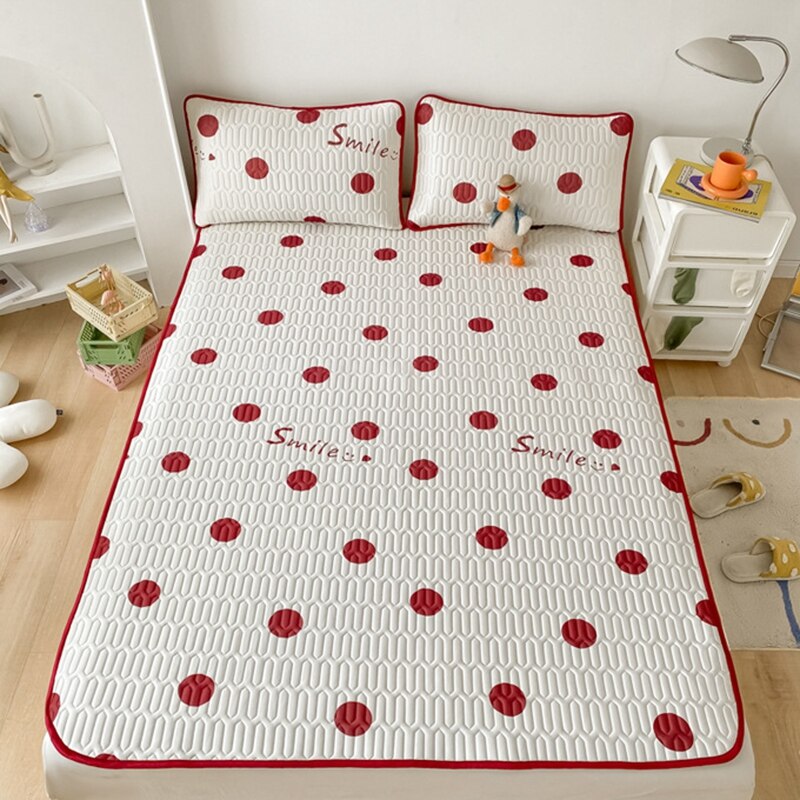 Ins Cute Latex Mattress Cover Set Girly Heart Air Conditioning Soft Mat Foldable Machine Washable Bed Mat Cool Bed Cover: Red Dots / 90x200cm