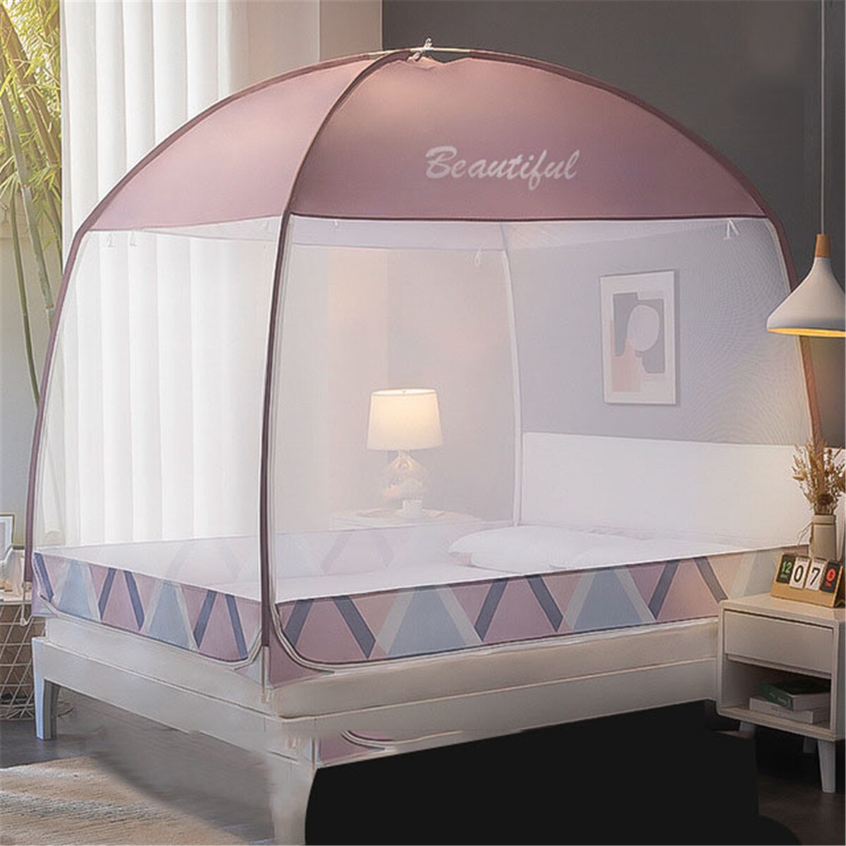 200 x 150cm tre dører myggnetting yurt myggnett himmelseng teltgardin med ramme innredning på soverommet: Rosa