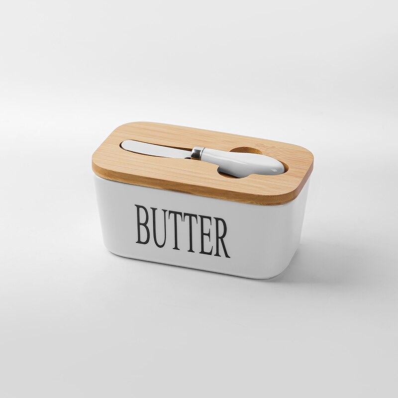 Ceramic Wooden Butter Box Cheese Tray Rectangular White Dish with Lid Oil Container for Butter Keeps Butter Storage Case Jar