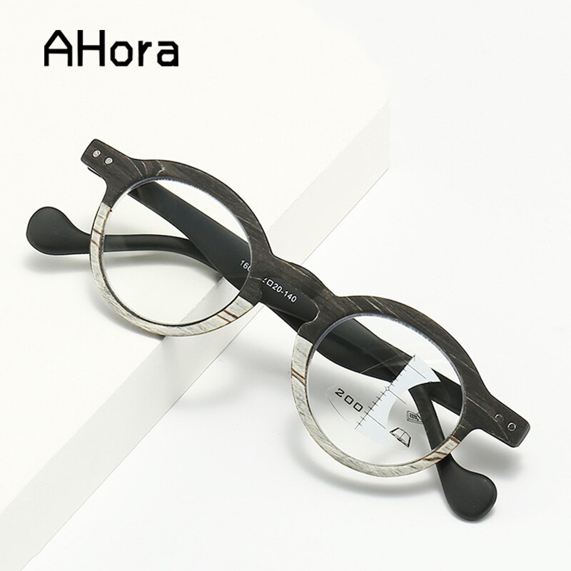 Ahora Vintage Ronde Houtnerf Leesbril Mannen Progressieve Multifocale Presbyopie Computer Eyewear Anti Blauw Stralen Brillen