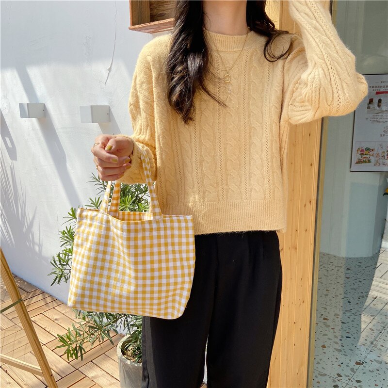 neue Tragbare Mittagessen Tasche Japanischen Plaid Baumwolle Picknick Lebensmittel Tasche Frauen Einfache Kleine Trage Koreanischen Stil freundlicher Mittagessen Taschen freundlicher