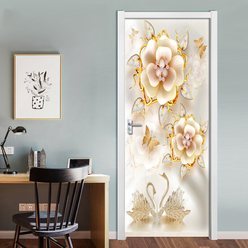 Joyería en relieve 3D, pegatina de lujo de flores para puerta 3D, Mural de pared, papel tapiz para puerta de habitación, Pegatina autoadhesiva de pared, decoración impermeable
