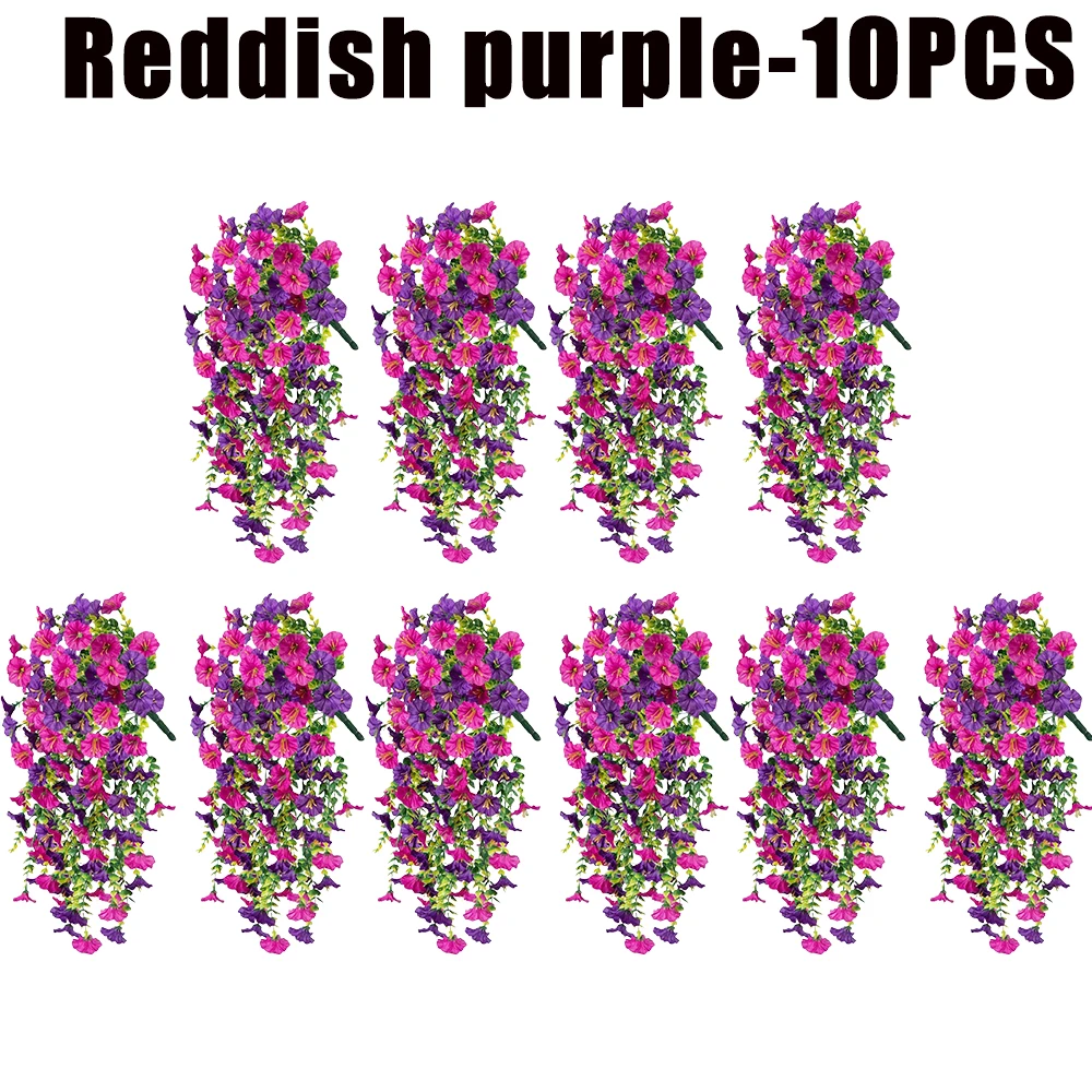 Flores artificiales colgantes, plantas de seda sintética, moradas, gloria matutina, enredaderas largas, resistentes a los rayos UV, realistas para decoración de jardín y balcón: Rojo