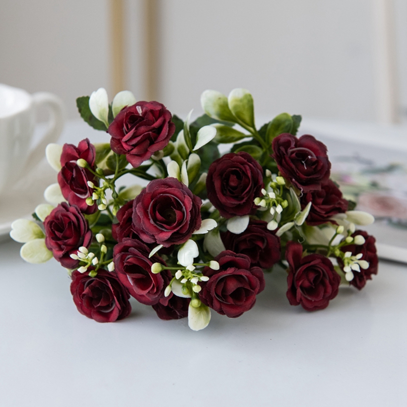5 Vork 15 Hoofd Zijden Roos Voor Bruiloft Boeket Kerstdecoratie Vaas Huis Bloemenarrangement Diy Plakboek Kunstbloemen: Rood