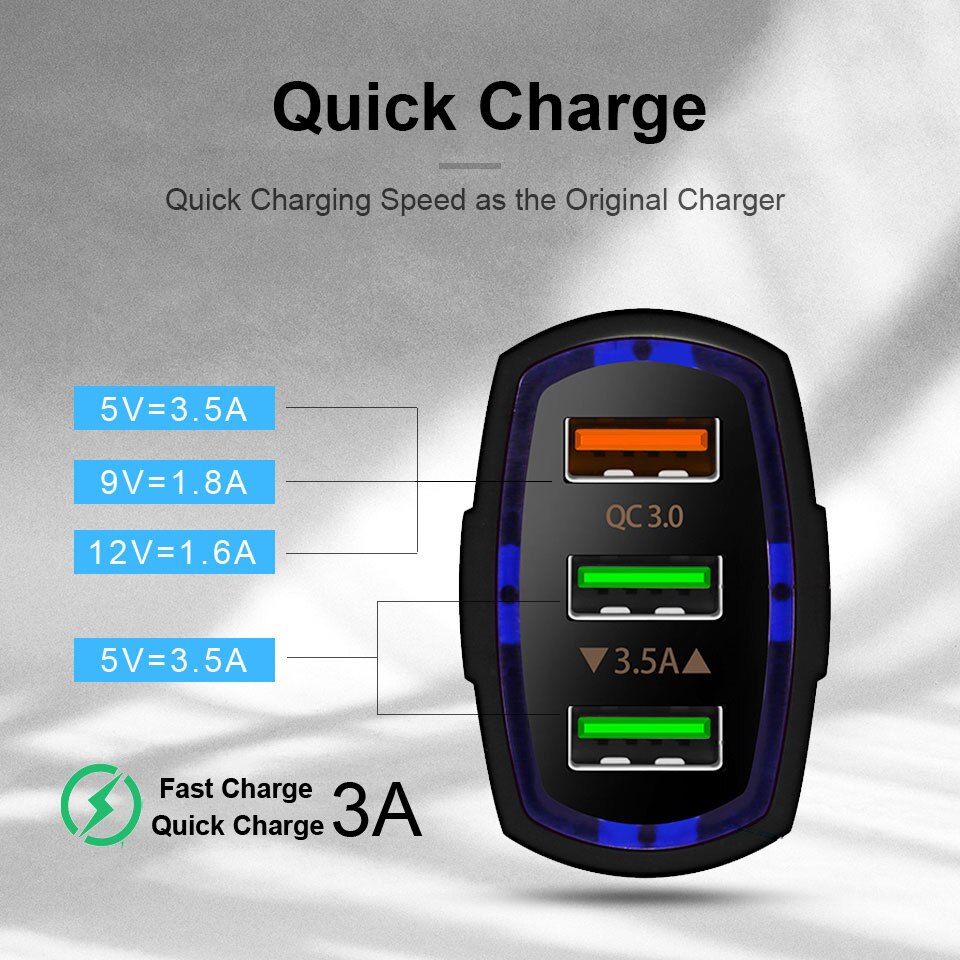 QGEEM QC 3.0 3 USB Car Charger Quick Charge 3.0 3-Ports Fast Charger for Car Phone Charging Adapter for iPhone Xiaomi Mi 9 Redmi