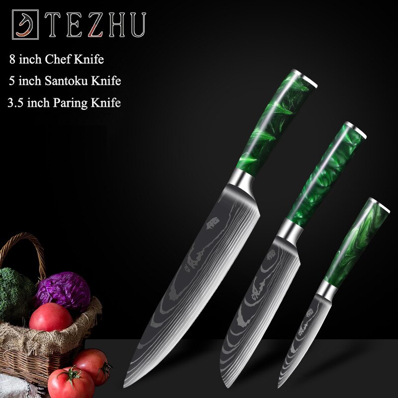 Professionele Keuken Messen Set Japanse High Carbon Staal Chef Messen Imitatie Damascus Patroon Slicer Santokumes Set: 3pcs B