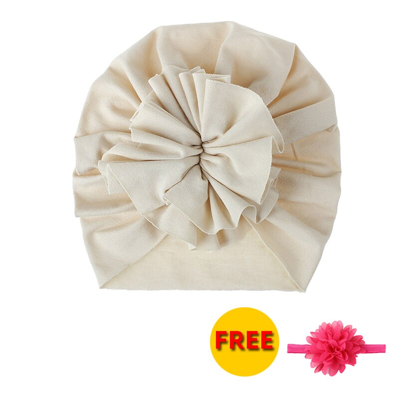 Flor do bebê menina bandana com gorro boné de algodão macio crianças turbante criança faixa de cabelo headbands para meninas acessórios de cabelo do bebê: Beige