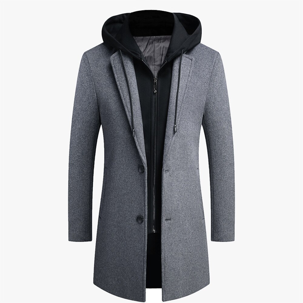 Männer Mit Kapuze Wolle Jacke Winter Herbst Herren Lange Winddicht Wolle Mantel lässig Dicken schlank passen Jacke Männlichen modisch Koreanische für Junge: Grau / 4XL