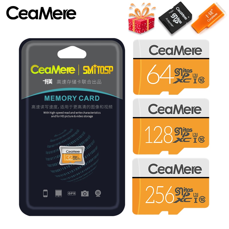 CeaMere tarjeta Micro SD 256GB/128GB/32GB UHS-3 64GB/16GB/8GB Clase 10 UHS-1 tarjeta de memoria Flash de 4GB de memoria Microsd gratis Tarjeta de lector