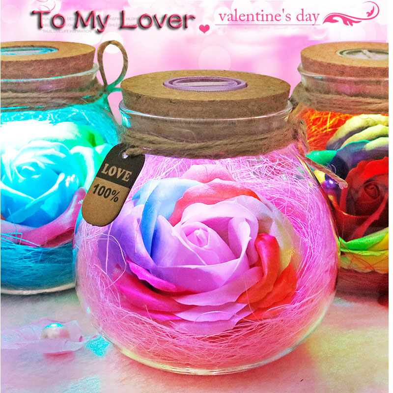 Led Romantische Rose Bloem Nachtlampje Lucky Fles RGB Dimmer Lamp met 16 Kleur Remote Voor Minnaar Meisje Slaapkamer Decor