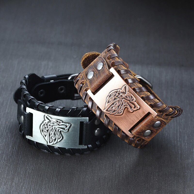 Vintage Viking Fenrir Wolf Totem Lederen Armband Voor Mannen Wolven Hoofd Amulet Brede Armband Sieraden