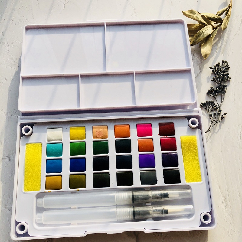 24 farger akvarell maling sett aquarela bærbar reise solid pigment med vannfarge pensel penn for male kunst forsyninger
