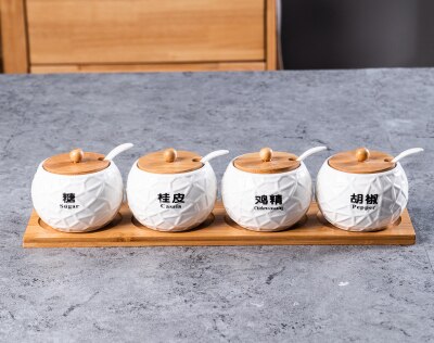 Smuk sukkerskål hjemmekøkken 4 in 1 sæt keramik salt krydderi krukker med 4 skeer sorte ord kan fjernes: Design 2