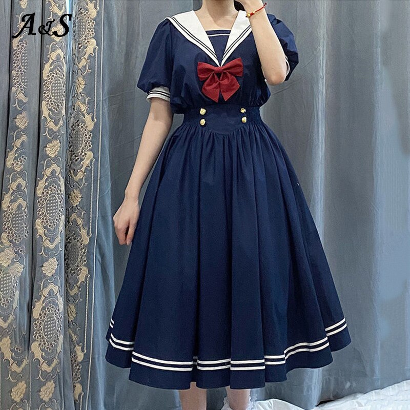 Anbenser japonês doce lolita vestido harajuku marinheiro colarinho vestidos da marinha vintage arco kawaii meninas estilo preppy vestido de manga longa
