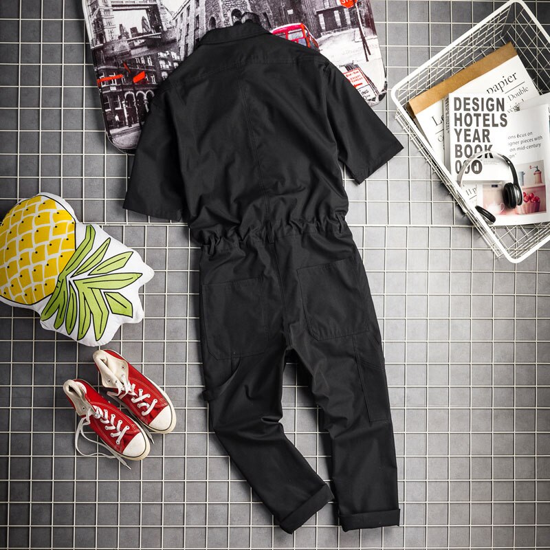 Monos de verano para hombre, mono de algodón con solapa, hasta el tobillo manga corta, ropa de calle de Hip Hop, pantalones holgados de ocio, color negro y amarillo