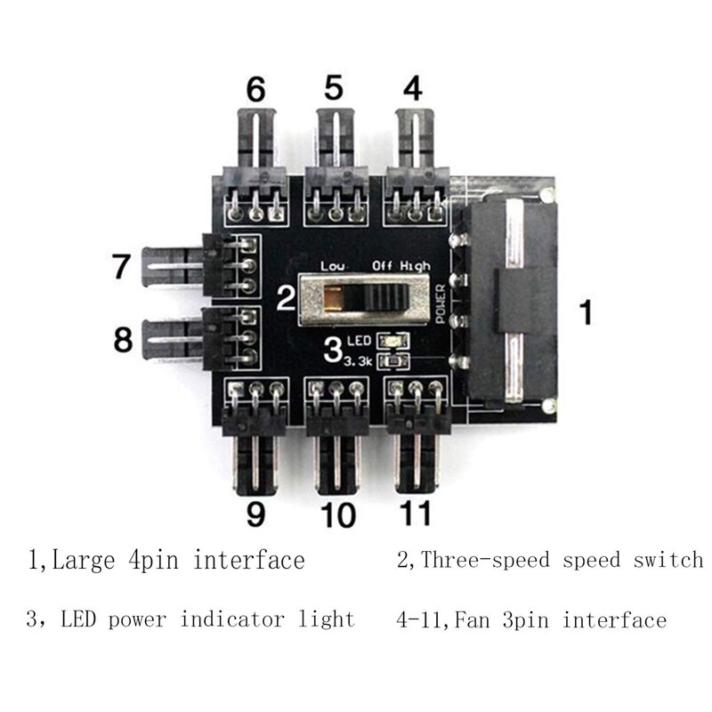 Molex-Hub DE VENTILADOR DE 4 pines IDE o SATA a 8 canales, 3 pines, 12V, divisor, adaptador PCB con Interruptor de velocidad de ventilador de 2 niveles, alto y bajo