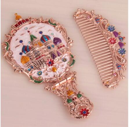 Europen-Espejos de mano con marco de metal antiguo para mujer, espejos pequeños de bolsillo, Espejos decorativos, , J047: S1