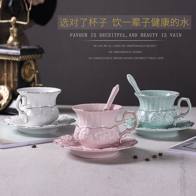 Taza de café de cerámica rosa, escultura creativa, juego de platillo, tazas de té chapadas en oro de flores, tazas europeas Kubek de porcelana, AC50BD
