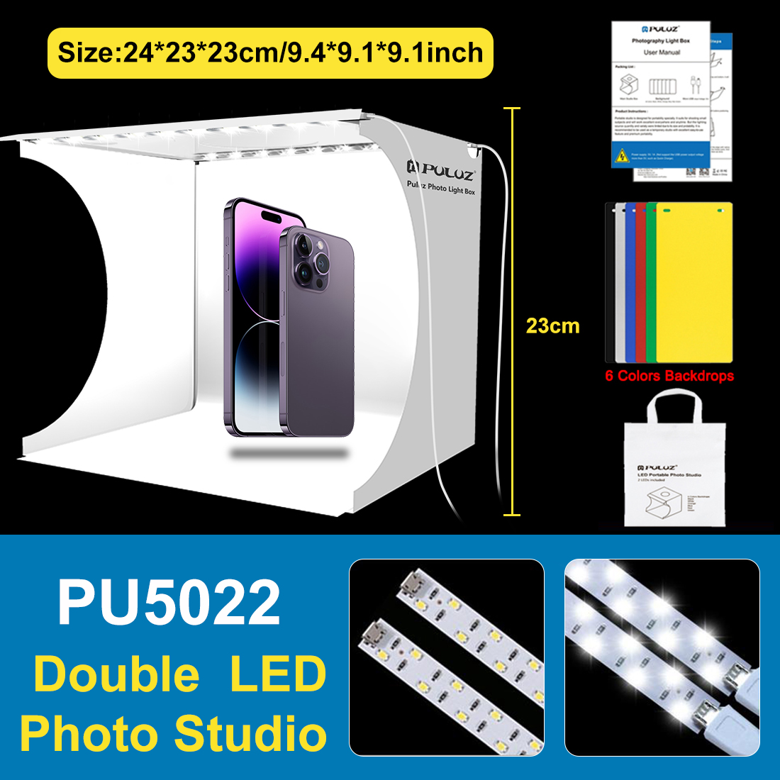 PULUZ Folding Lightbox Tabletop Light box Mini Photo Studio Box Photography Light Studio Shooting Tent Box Kit&6 Color Backdrops: black