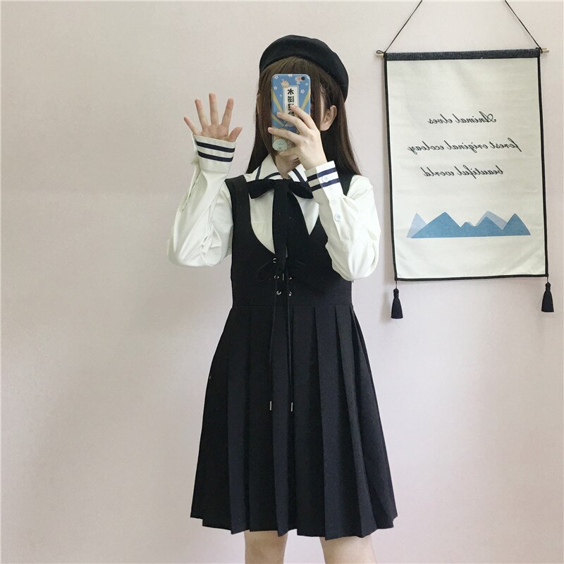Japanese College Uniforms Long-Sleeved Shirt Pleated Suspender Dress Two-Piece Suit Female School Girl Uniform: only black dress