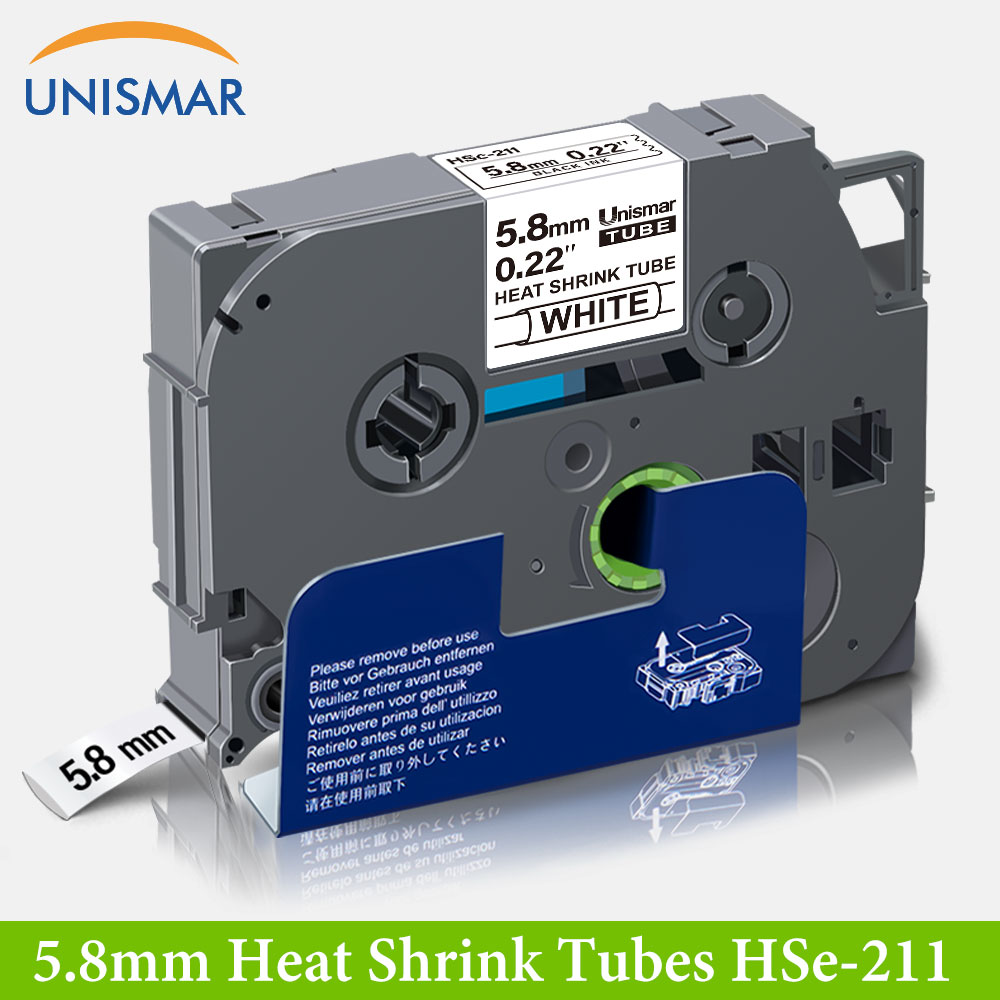 Unismar HSe-211 HSe211 HS-211 HS211 1/4" 6mm Black on White Heat Shrink Tube Replace for Brother P-touch PT-D210 PT-D400 PT-E300