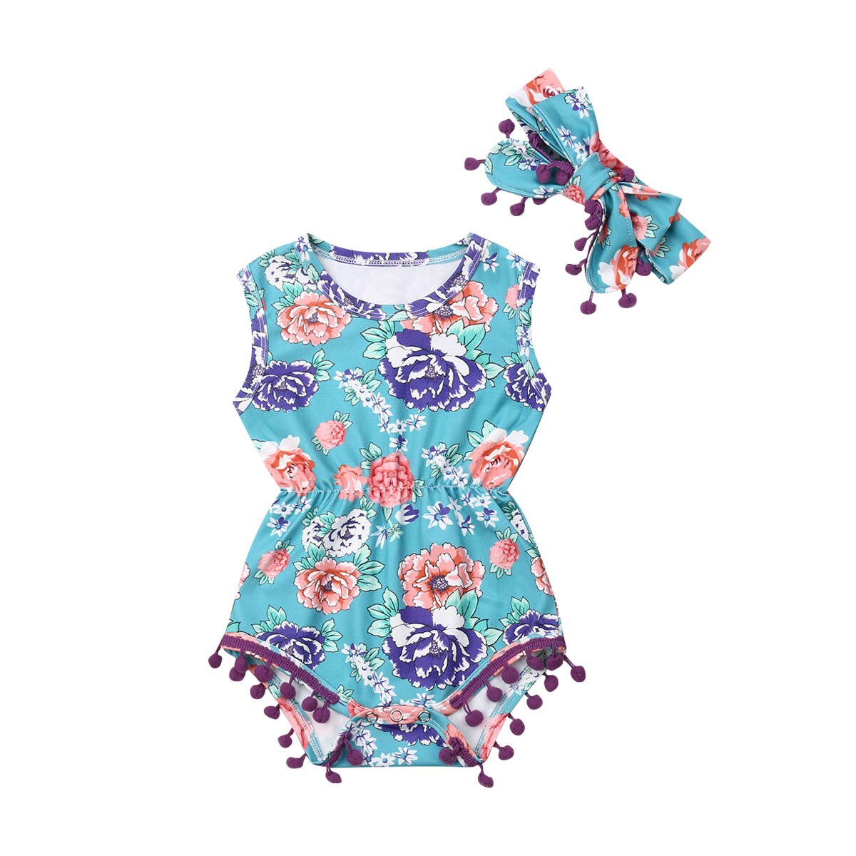 0-24M Baby Zomer Romper Kleding Pasgeboren Meisje Jongen Kwastje Hoofdband Ananas Outfit Mouwloze Bloemen Jumpsuit: green / 18m