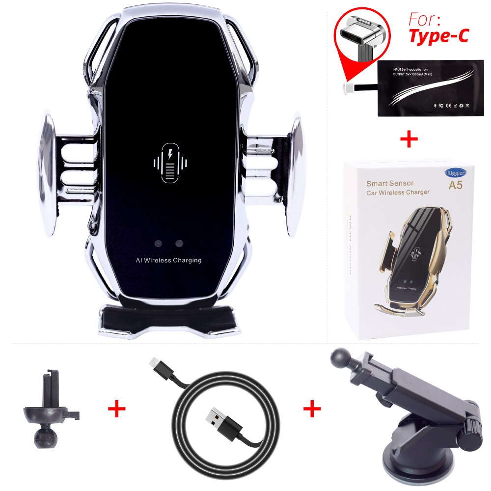 10W Car Wireless Phone Charger Automatic Clamp Charge Tough Glass Panel Holder foriphone 11pro 11 XS forHuawei Mate30pro P30pro: Silver holdertypeC