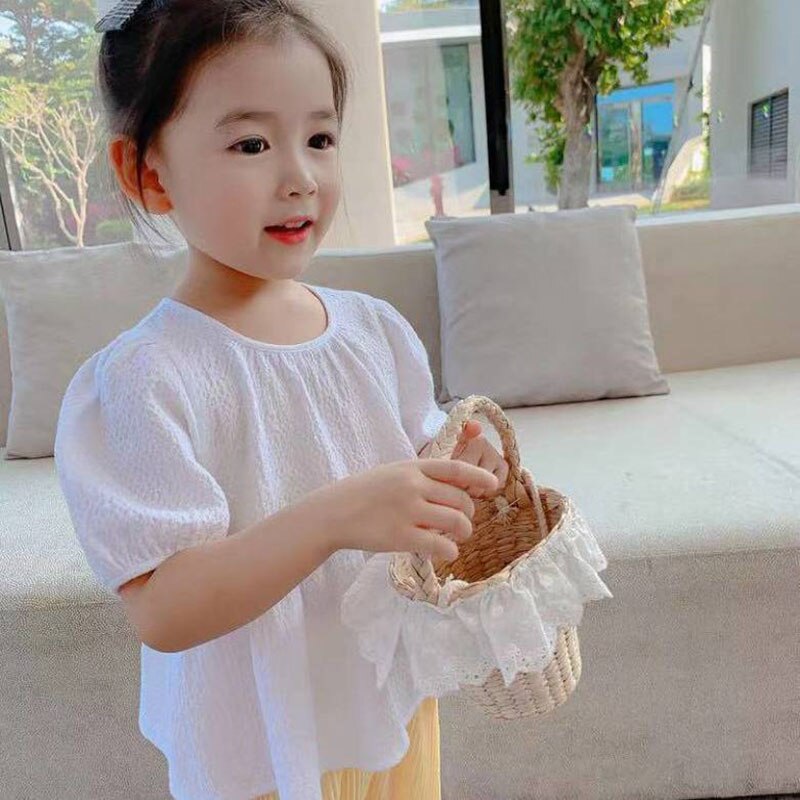 Baby Meisjes Blouse Zomer Korte Mouw Kids Shirt Voor Peuter Meisje Tops Kinderen Kleding Baby 80 ~ 130 Linnen Wit blauw