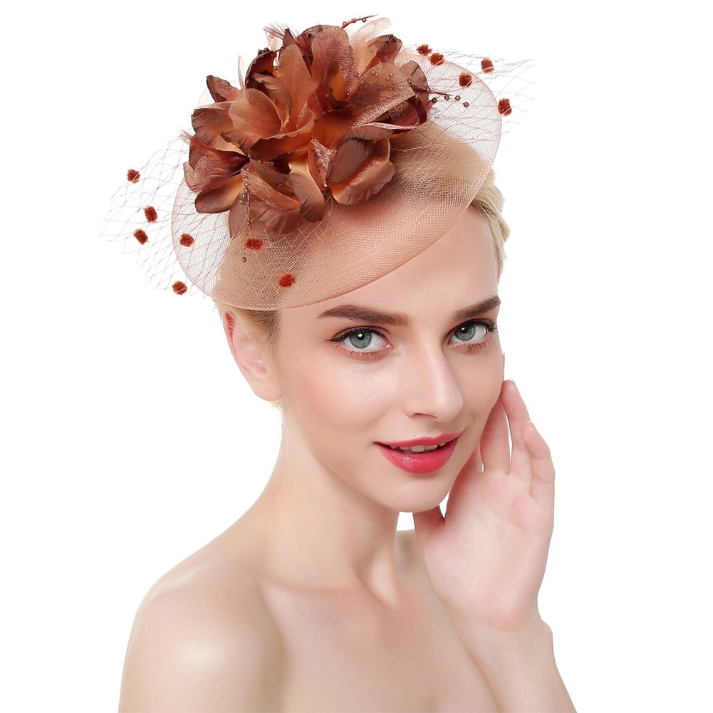 Cintas de malla con flores para mujer, tocado de plumas, sombrero, sombreros, diadema con pinza para el cabello, para la cabeza, cóctel, de té para niña: Coffee