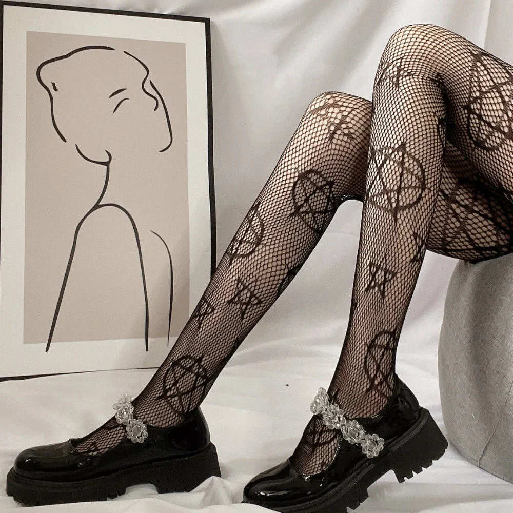 Star Heart Lolita Socks Tattoo Print Pantyhose Fishnet Stockings Kitty Cat Japanese JK Tights Gothic Cosplay Lace Black Tights: Ivory